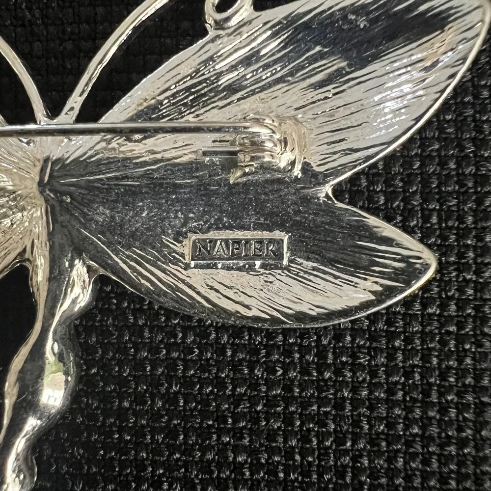 Vtg Napier Silver Tone Green Enamel Blue Crystal Dragonfly Brooch Fairycore